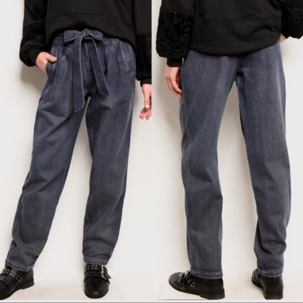 NWT VERY J Belted Bow Zip Button Relaxed fit Baggy Black Denim Jeans